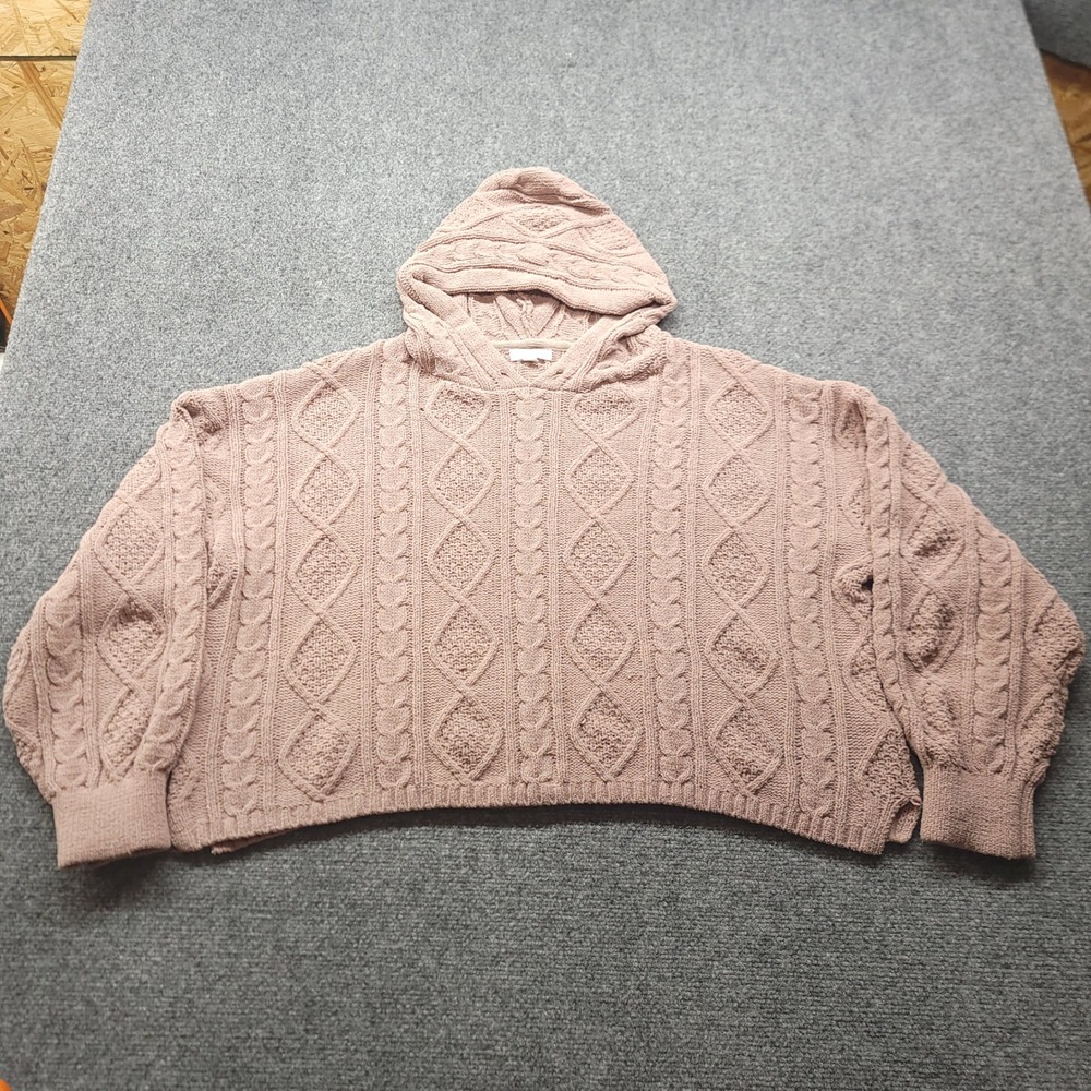 Adyson Parker Mauve Pink Cable Knit Hoodie Sweater XL Cropped Boho Relaxed